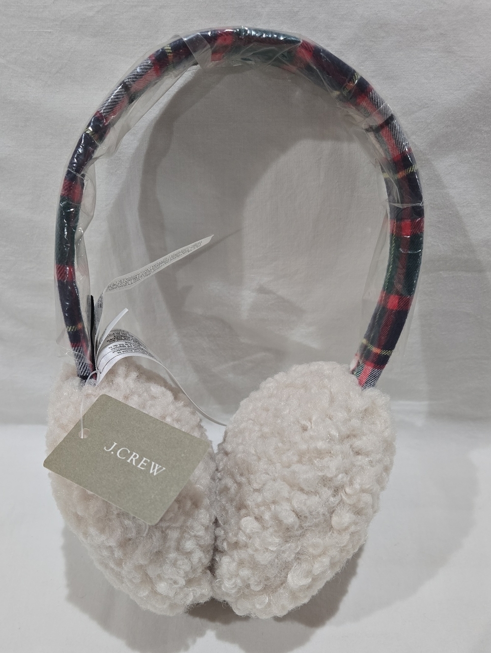 J. Crew Cream Earmuffs with Red, Blue & Green Plaid Headband